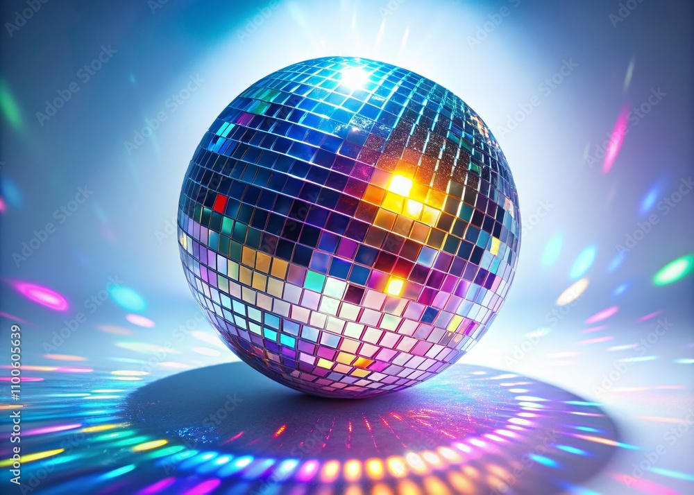 Obraz premium Captivating Flat Holographic Disco Ball Close-Up with Radiant Light Beams and Stunning Reflections on a White Background for Innovative Business Presentations