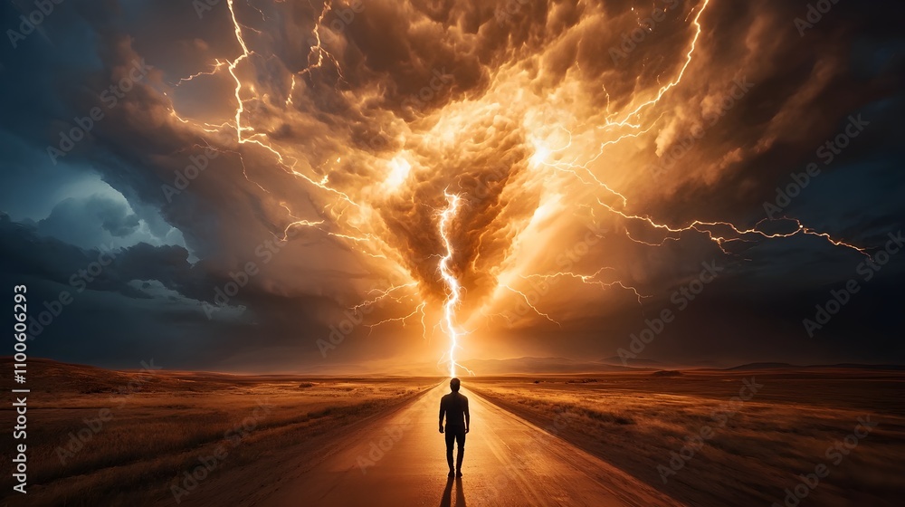 Fototapeta premium A lone traveler walks through a rural road, lightning crackling overhead, momentarily highlighting a monstrous figure in the distance, setting a horror scene