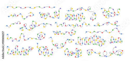 Christmas colorful multicolored lights curly string garlands set simple doodle hand drawn vector illustration, flat style cartoon image for winter New Year holiday, birthday events design