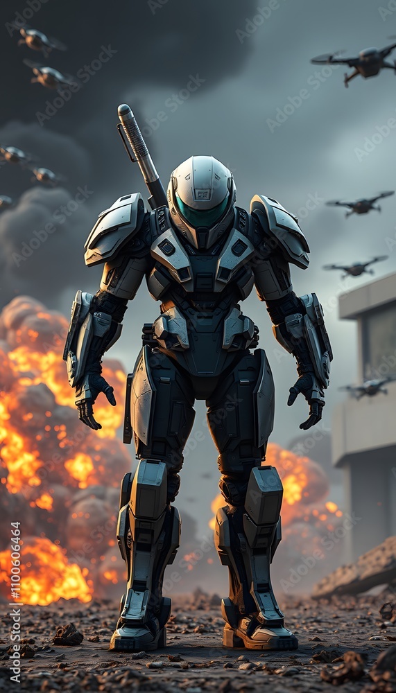Fototapeta premium A futuristic warrior in exoskeleton armor, standing against a backdrop of explosions and enemy drones