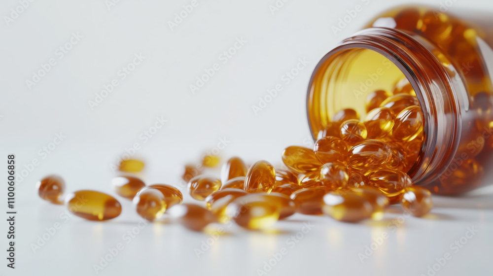 Close-up of open bottle with spilled multivitamin capsules for health and nutrition Close-up of open bottle with spilled multivitamin capsules for health and nutrition