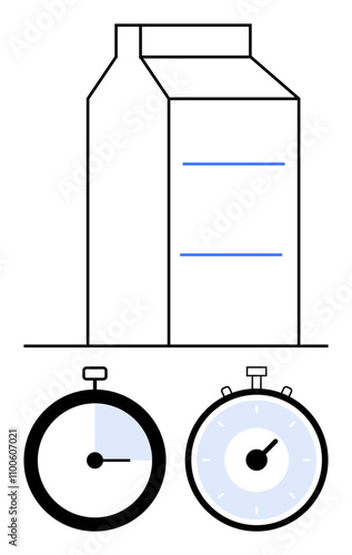 Milk carton above two stopwatches one showing quarter-time and other full-time. Key themes include time management, food spoilage, deadlines, efficiency, productivity, timing, and shelf life. Line