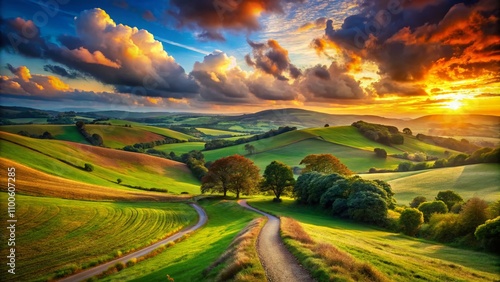 Captivating Landscape with Rule of Thirds Composition Showcasing Nature's Beauty and Serenity in a Vibrant Sunset Over Rolling Hills and Lush Green Fields