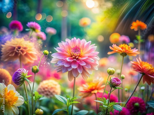 Captivating Long Exposure Floral Decorative Elements in a Dreamy Garden Setting with Soft Blurs and Vivid Colors for a Serene and Artistic Atmosphere