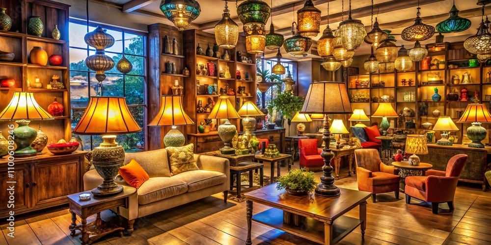 Fototapeta premium Captivating Long Exposure Shot of an Interior Decor Boutique Showcasing an Array of Stylish Lamps in a Warm and Inviting Atmosphere Ideal for Home Decor Inspiration