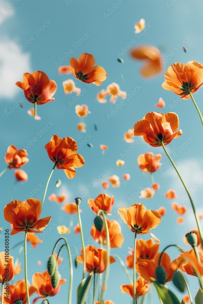 Obraz premium Vibrant orange flowers swaying gently in the breeze, set against a clear blue sky with fluffy clouds. Nature and floral beauty concept.