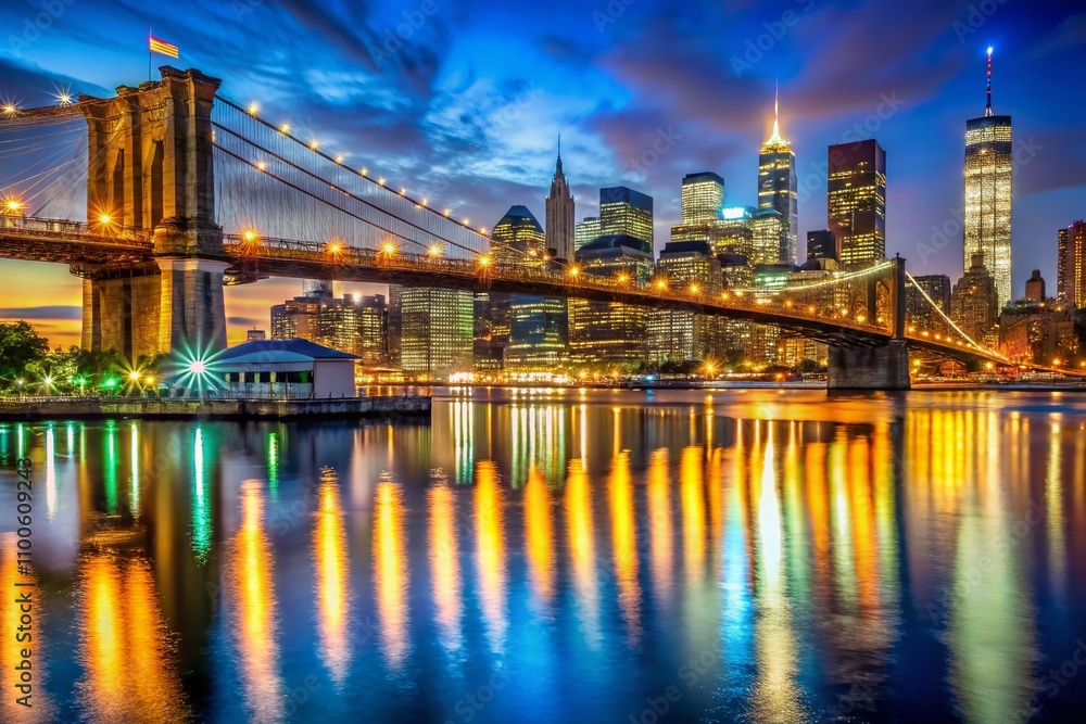 Fototapeta premium Captivating Low Light Photography of Brooklyn's Iconic Landmarks Illuminated at Night, Showcasing the Vibrant Urban Landscape and Unique Architectural Beauty of New York City