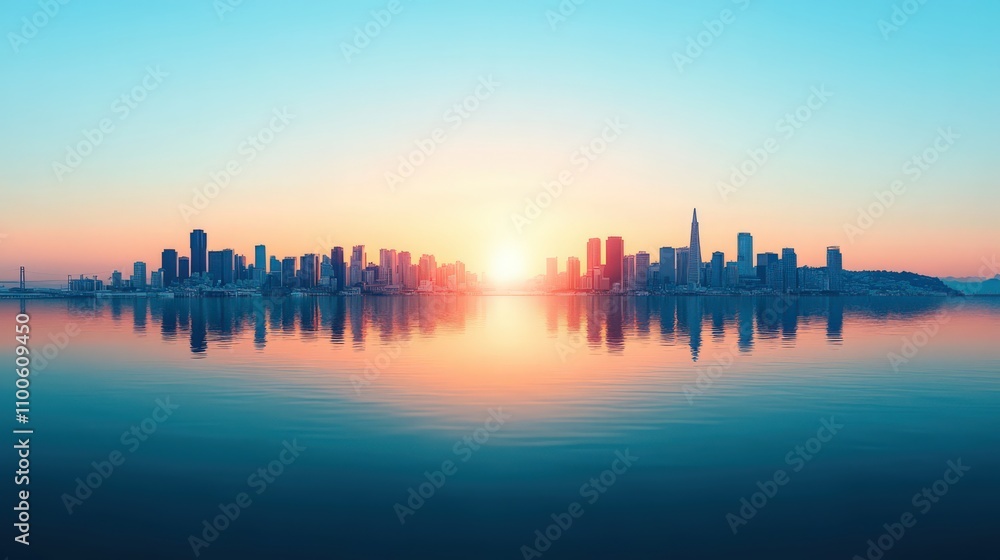 Fototapeta premium A city skyline is reflected in the water, with the sun setting in the background