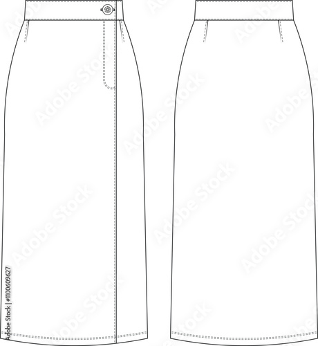 buttoned zippered mid high rise waist tailored darted a line pencil body con skirt template technical drawing flat sketch cad mockup fashion woman design style model 
