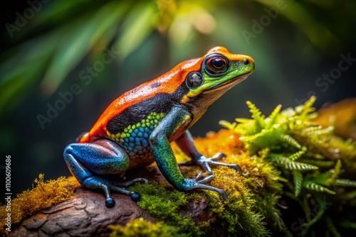 Captivating Low Light Photography of the Golfodulcean Poison Frog in Its Natural Habitat, Showcasing Vibrant Colors and Unique Patterns Amidst a Dark, Enigmatic Environment photo