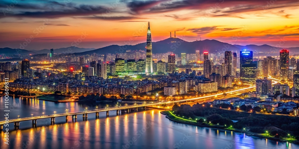 Fototapeta premium Captivating Low Light View of Seoul's Skyline at Night, Showcasing Iconic Landmarks, Vibrant City Lights, and Serene Atmosphere Over the Han River in South Korea