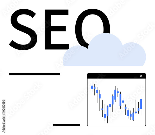 SEO text with blue cloud icon and chart showing varying data points. Ideal for digital marketing, website optimization, data analysis, cloud storage, business growth, online strategies, market