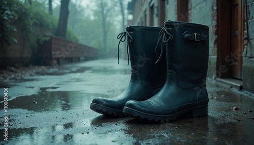 Rubber boots on wet asphalt, symbolizing the dullness of a rainy day photo