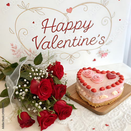 Close Up of a cake decorated with small hearts with heart cake topper, against a gray background. Romantic love concept. Valentine's, Mother's Day, Birthday Cake card Background. Horizonlal.
 photo