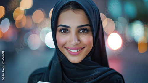 Young Muslim businesswoman in abaya engages on her smartphone, showcasing confidence and style in the bustling city. photo