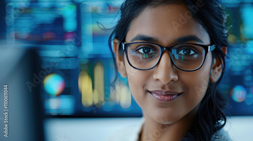 A young female coder beams with a smile, showcasing her passion for tech and development in a vibrant office space. photo