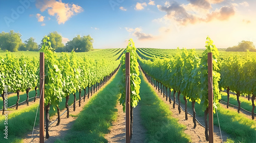 Vineyard Landscape Illustration: Sunlit Grapevines