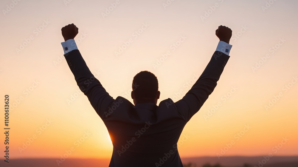 Fototapeta premium A man in a suit is standing in the sun with his arms raised in the air