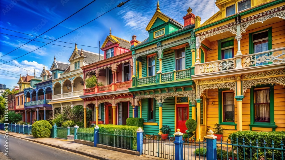 Fototapeta premium Captivating Row of Melbourne Terrace Houses Showcasing Unique Architectural Styles in an Urban Exploration Setting with Vibrant Colors and Lively Street Life