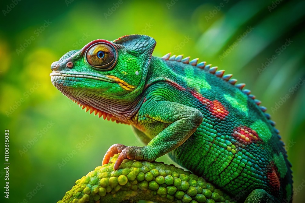 Obraz premium Captivating Studio Portrait of a Vibrant Multi-Green Chameleon Against a Lush Green Background, Showcasing Nature's Intricate Details and Stunning Color Palette