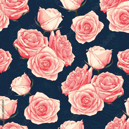 pink roses background, floral navy blue and pink