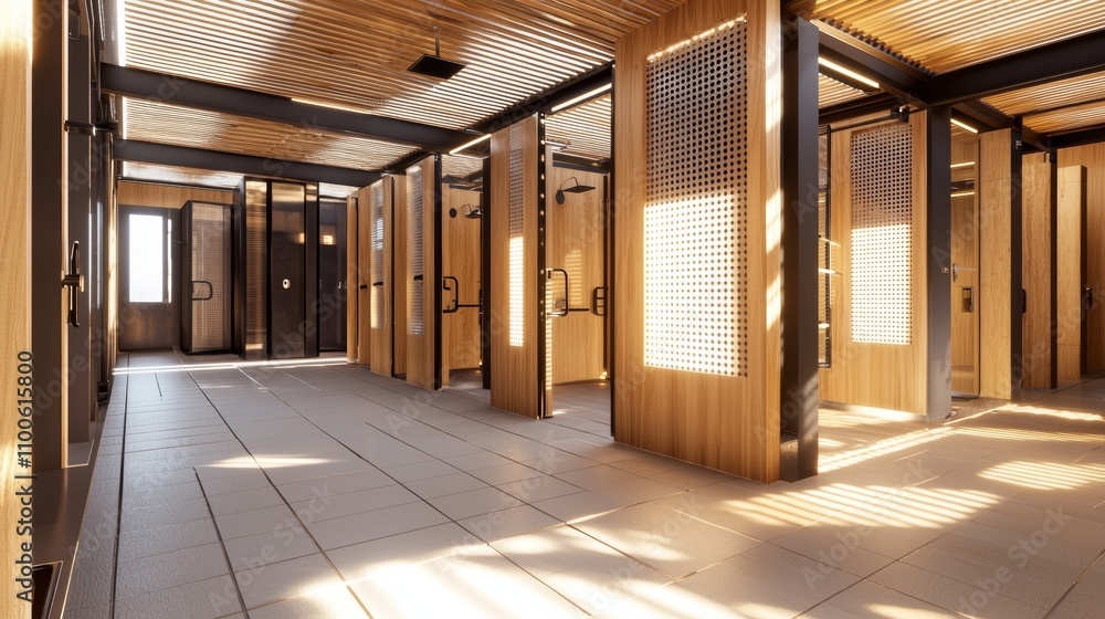 Obraz premium Hostel washroom interior, spacious design, accessible showers, frosted glass details