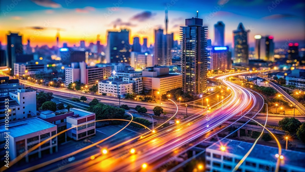 Fototapeta premium Captivating Tilt-Shift Photography of a Vibrant Cityscape with Fiber Optic Cables and Wi-Fi Symbols, Showcasing Connectivity in the Modern Digital World