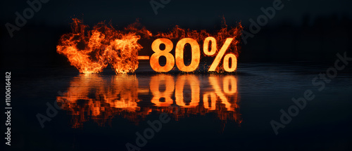 -80% sale sign burning over lake; water reflection for words and numbers; night forest over water tank scenery; concept of eighty percent discount announcement, savings, promotion, clearence photo