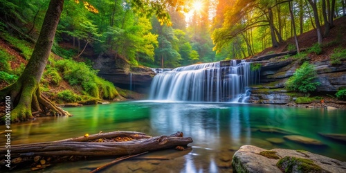 Captivating View of Parker Falls with Exposed Tree Roots in Bankhead National Forest, Showcasing Breathtaking Nature and Serene Water Flow Amidst Lush Greenery photo