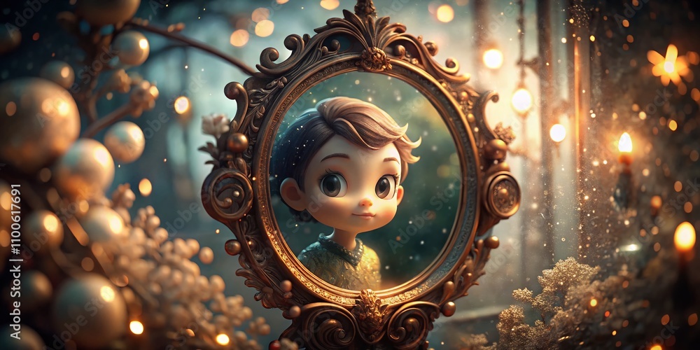 Fototapeta premium Cartoon Character Gazing into an Old Mirror with Swirling Reflections of Past Events in Muted Retro Colors and Bokeh Effects Capturing Nostalgia and Memories