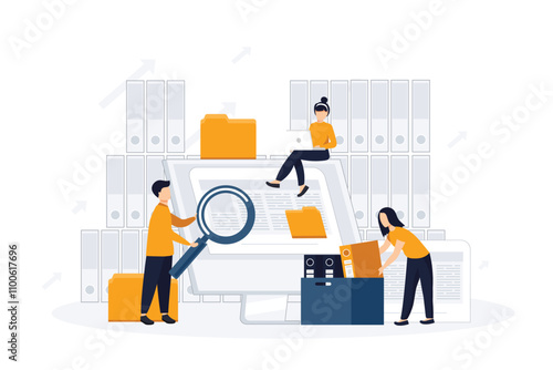 Office workers organizing data storage and file archive on server or computer. PC users searching documents on database. Vector illustration for information technology, source concept