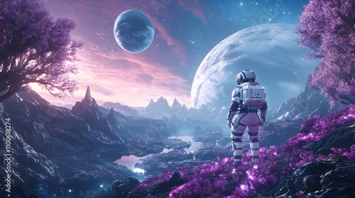 Astronaut gazes at distant planets in vibrant alien landscape photo