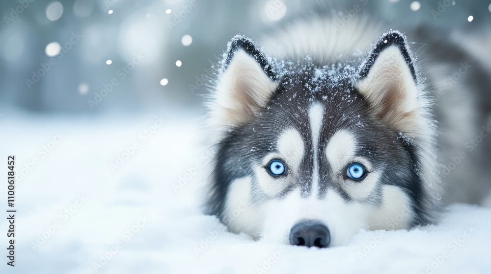 Naklejka premium A closeup shot capturing the warmth of a dog nestled in the snow, with a softly blurred winter landscape behind.