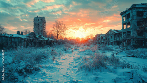 A nuclear winter setting featuring snow-covered ruins under a faint greenish glow in the sky, evoking a haunting and desolate atmosphere. photo