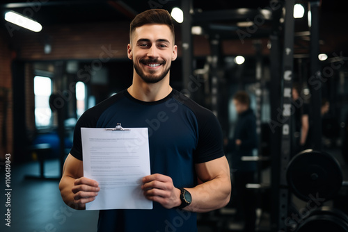 Smiling fitness instructor ready with training plan in hand, welcoming new clients in a professional gym	