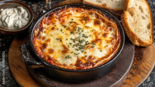 Delicious baked lasagna with melted cheese and fresh herbs on top