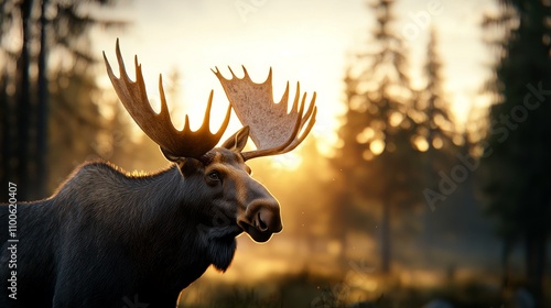 Detailed close-up of a moose in a misty forest, sunlight filtering through the trees, ideal for wildlife conservation advertisements, natural and atmospheric photo