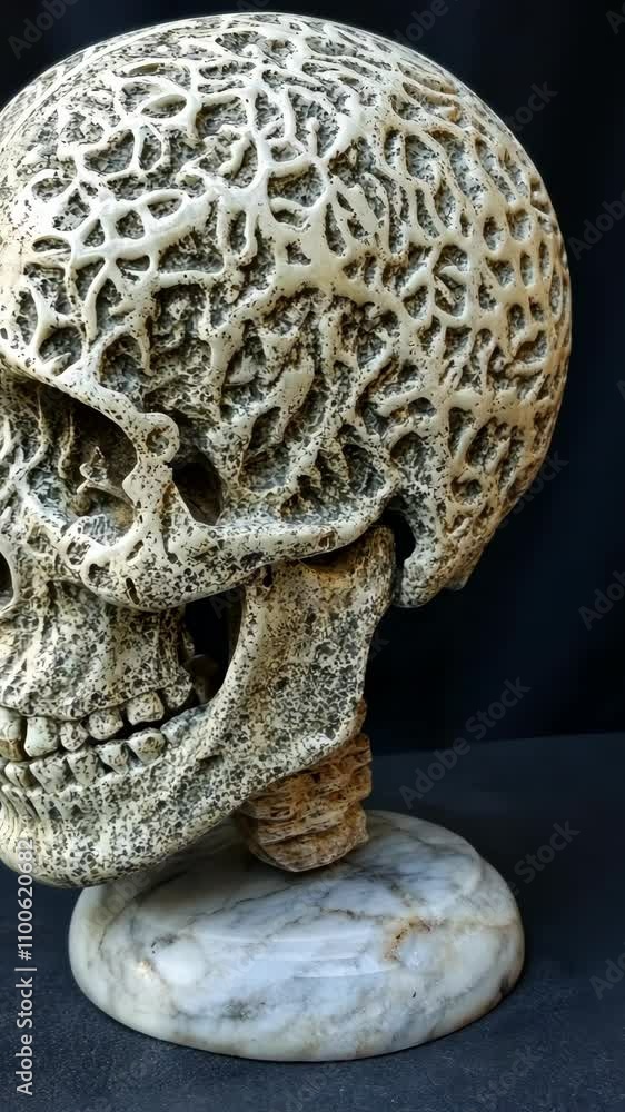 Intricate skull sculpture showcasing detailed anatomical features and craftsmanship with a marble base Intricate skull sculpture showcasing detailed anatomical features and craftsmanship with a marble base