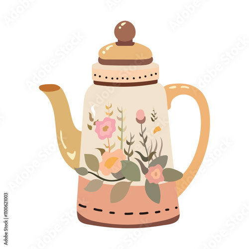 Vintage beige tone flower long teapot. 빈티지한 꽃이 그려진 베이지톤의 긴 찻주전자