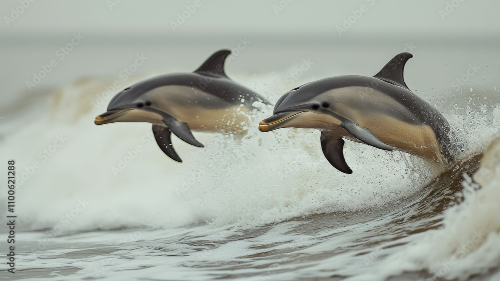 Obraz premium A pair of dolphins leaps gracefully through ocean waves, showcasing the beauty of nature and the vibrant life beneath the sea.