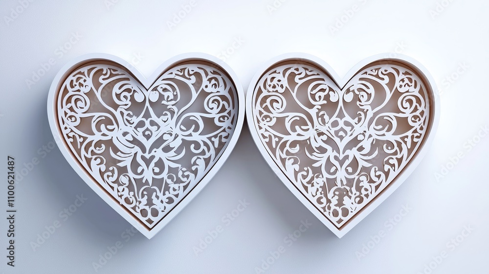 Fototapeta premium Two interlocking hearts with delicate vector patterns, symbol of love, white background
