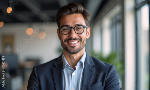 Wallpaper Mural A young professional man stands confidently in a stylish office, smiling warmly at the camera, surrounded by natural light and greenery - Generative AI Torontodigital.ca