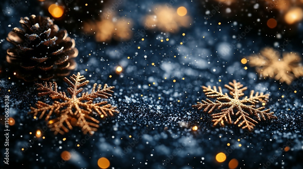 Fototapeta premium Golden Snowflake Ornaments Pine Cone Winter Scene
