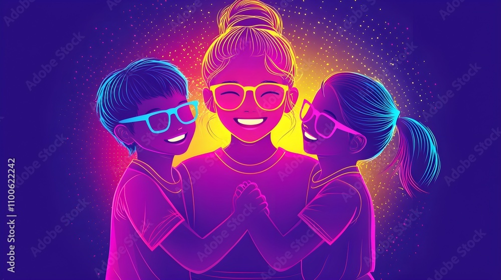 Group of smiling, multiethnic children warmly hugging their excited teacher in a Montessori school, vibrant pop art style, neon accents, exaggerated proportions, cheerful tone Group of smiling, multiethnic children warmly hugging their excited teacher in a Montessori school, vibrant pop art style, neon accents, exaggerated proportions, cheerful tone
