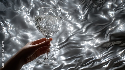 Elegant Hand Holding Sparkling Glass with Shimmering Background photo