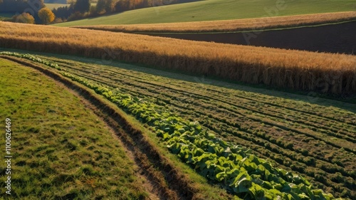 Fields and vegetables in a green hilly grassy landscape under a blue sky in sunlight in autumn, Voeren, Limburg, Belgium photo