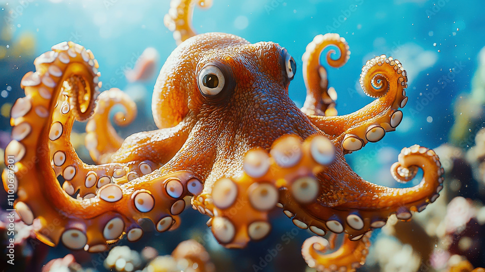 Obraz premium A cheerful octopus in the deep blue sea presenting a treasure map to a group of curious sea animals, surrounded by coral and bubbles, evoking an adventurous underwater tale.