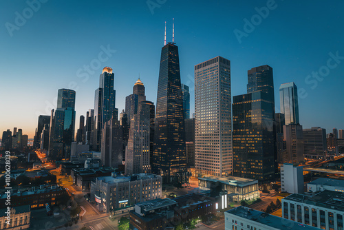 Skyline of a bustling city illuminated at dusk, showcasing modern architecture and vibrant city life