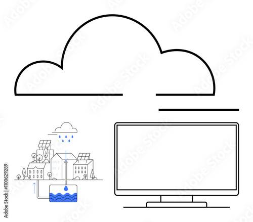 Large cloud above eco-friendly houses with solar panels, rainwater harvesting, and large screen. Ideal for cloud computing, eco-friendly solutions, renewable energy, data storage, technology