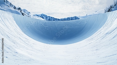 A snowboarding halfpipe with a focus on the pipe structure and snow texture, outdoor setting with snowy weather, Winter style